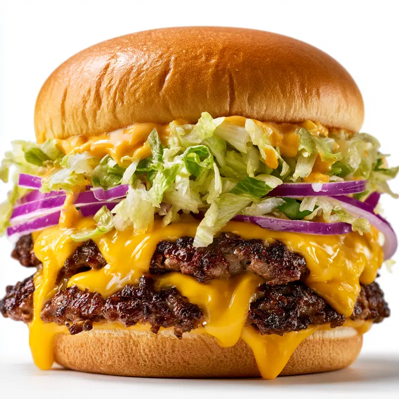 Close-up view of a double cheeseburger with lettuce and onions on a bun
