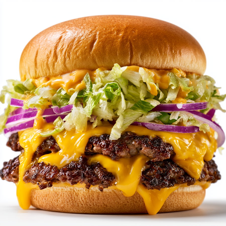 A close-up image of a double cheeseburger featuring two beef patties with melted cheddar cheese, shredded lettuce, sliced red onions, and a soft toasted bun on a white background.