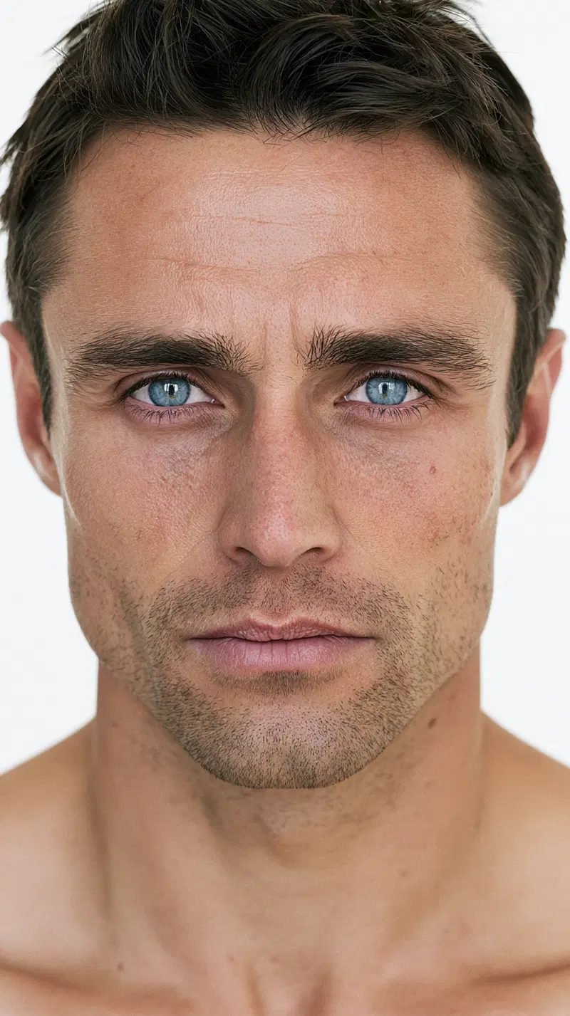 Close-up portrait of a man with blue eyes and a neutral expression