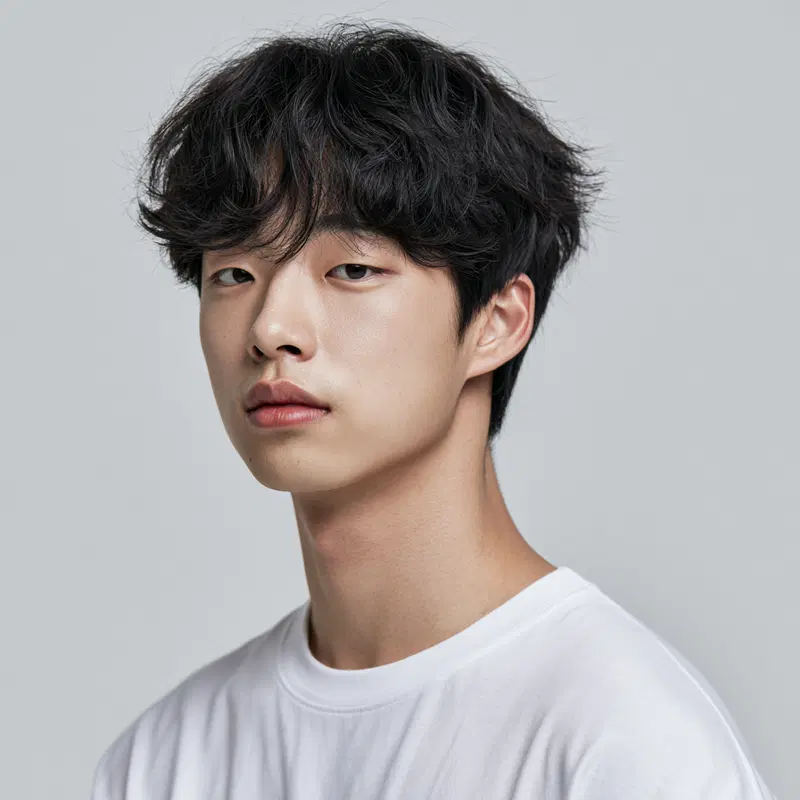 Contemporary portrait of a young man with tousled black hair in a white shirt