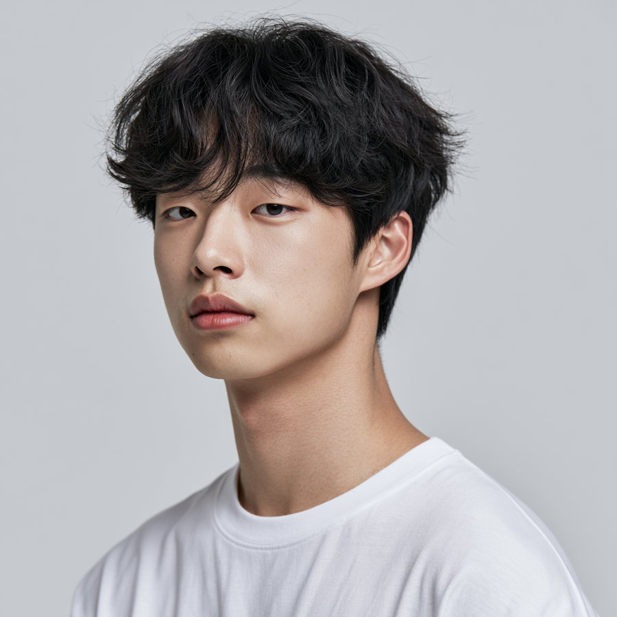 Close-up of a young man with black tousled hair wearing a plain white T-shirt, looking slightly away from the camera against a neutral gray background