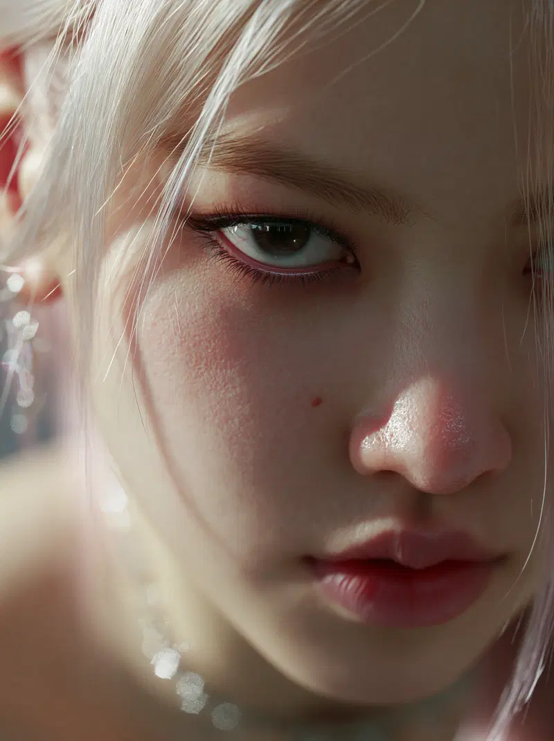 Hyperrealistic Close-Up Portrait of a Young Woman with Light Hair and Jewelry