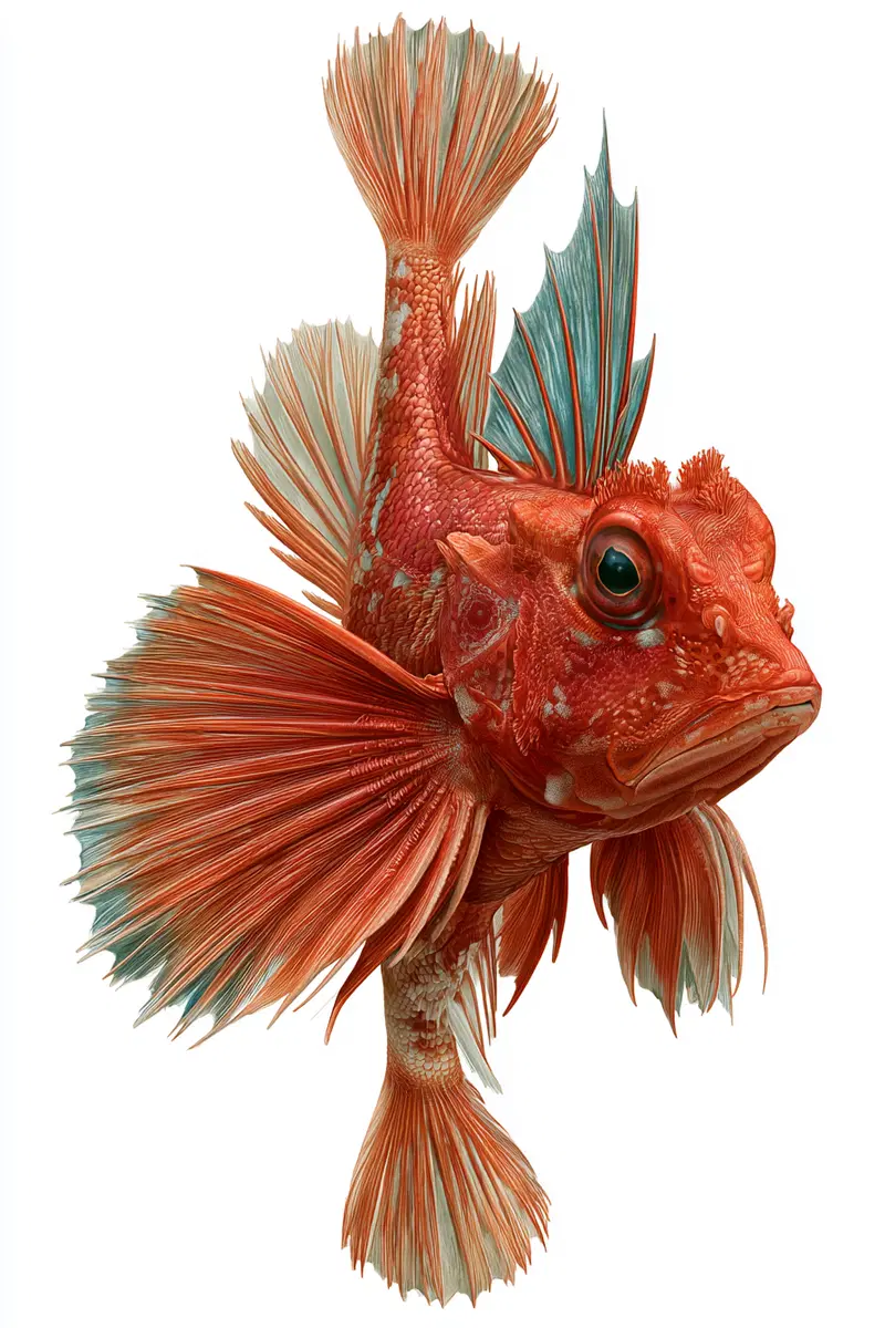 Detailed close-up of a vibrant red and teal marine fish with elaborate fins