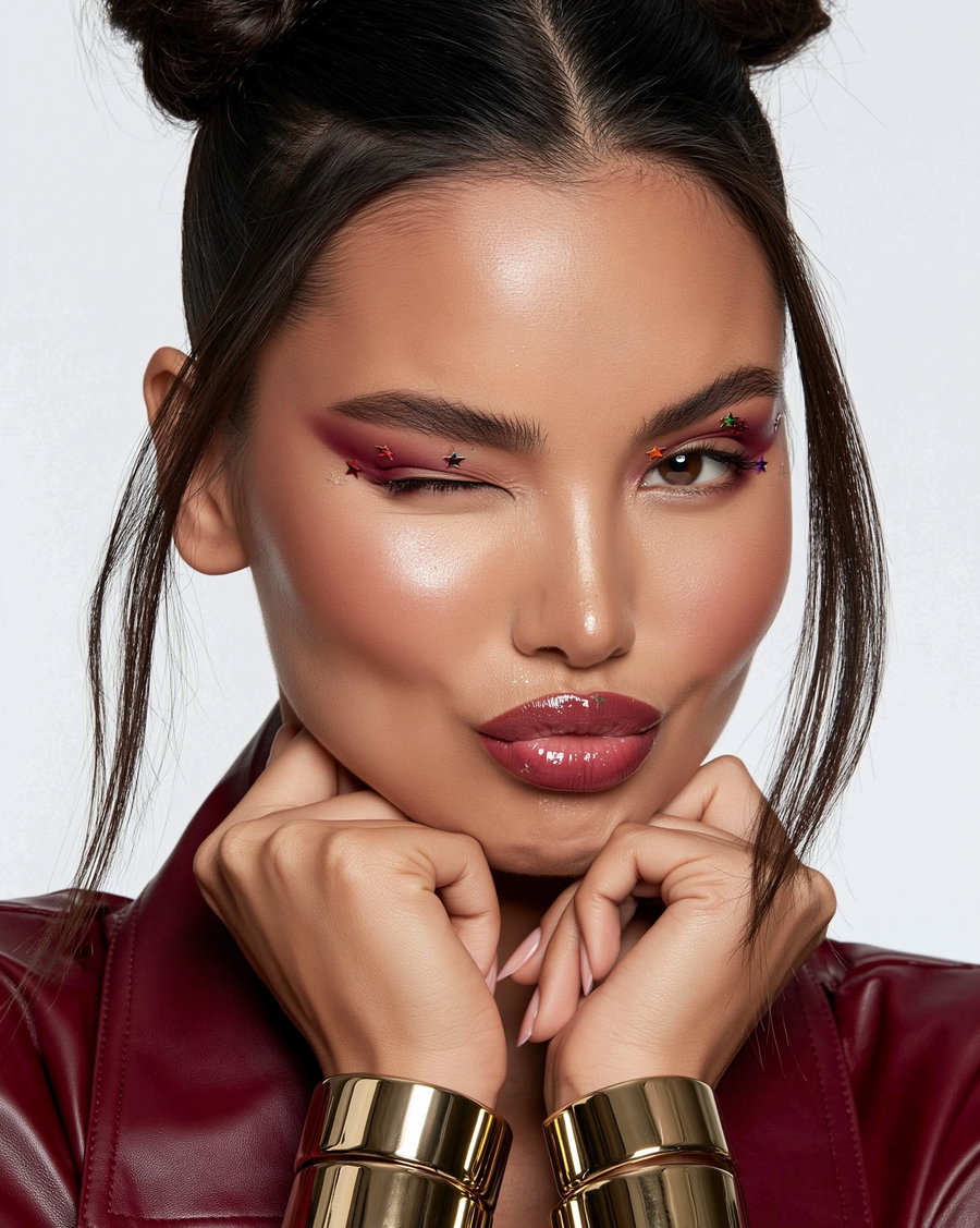 A woman with styled hair, red eyeshadow decorated with small star stickers, glossy maroon lipstick, wearing wide gold bracelets and a burgundy jacket, winking at the camera