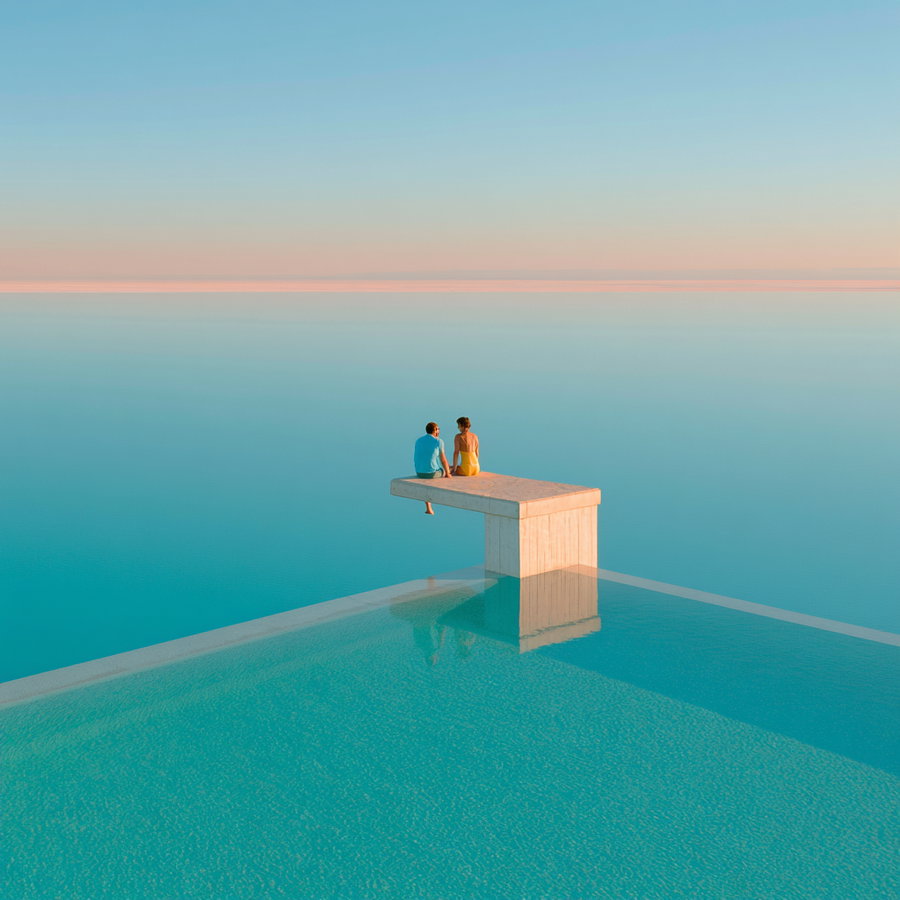 Two people sitting on the edge of a concrete diving board extending over a tranquil infinity pool with a clear sky and water merging at the horizon