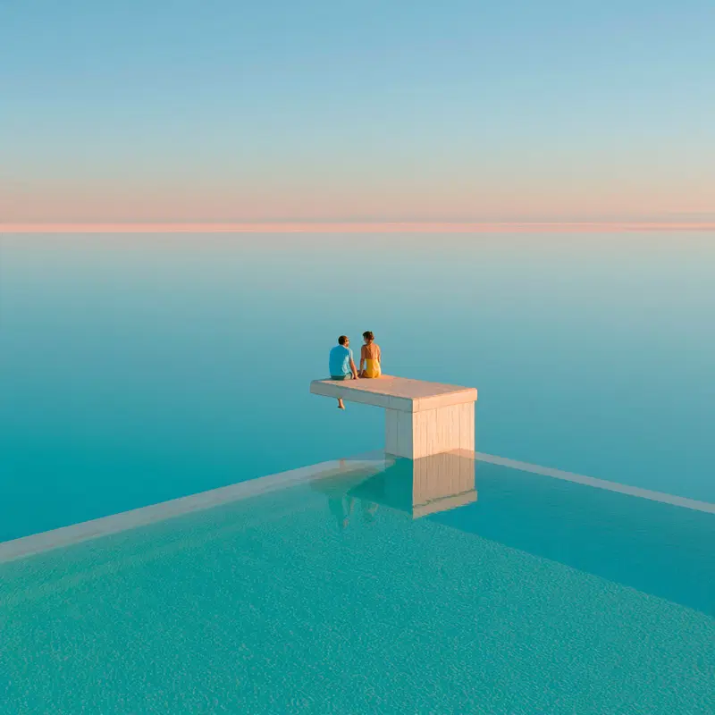 A serene scene of two people sitting on a diving board over a calm infinity pool blending into the horizon
