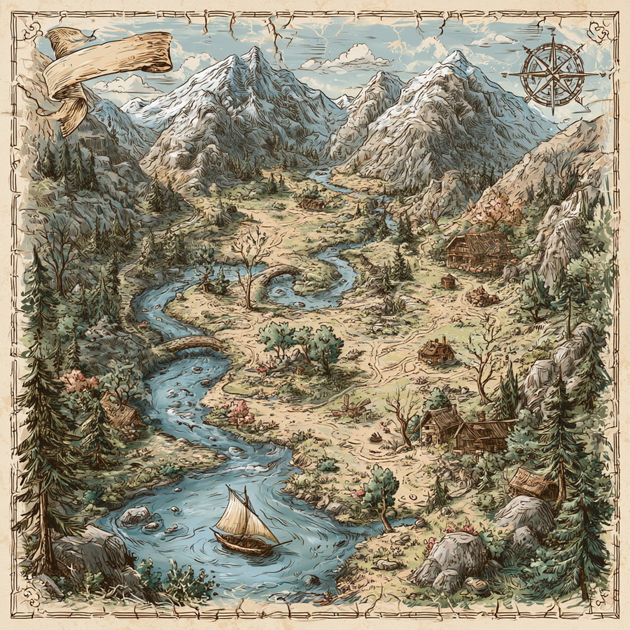 Illustrated map showing a winding river with a small sailboat, surrounded by mountainous terrain, trees, multiple cottages, bridges, and a compass rose in the top right corner