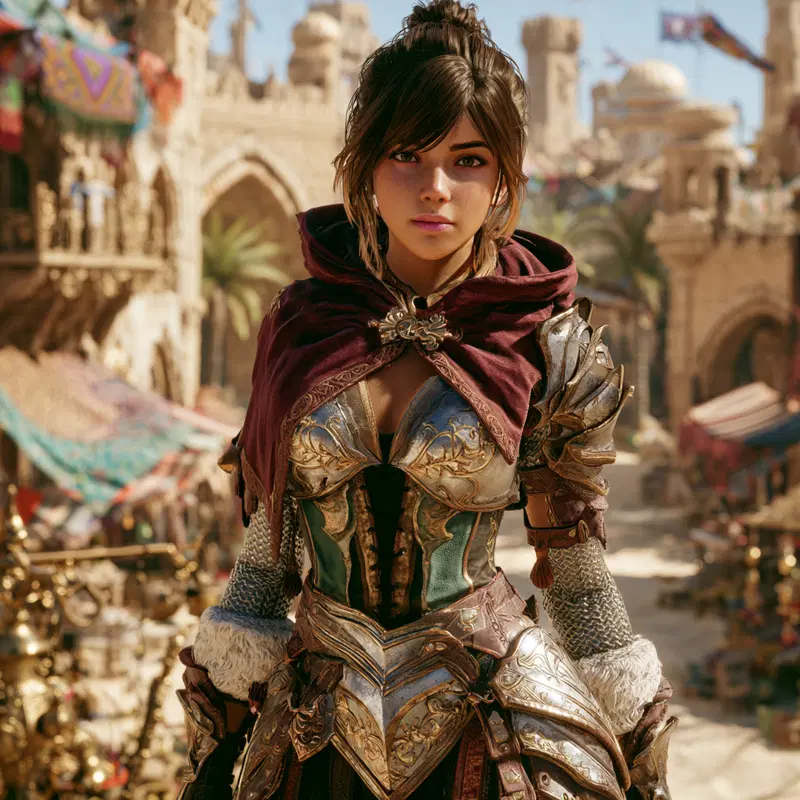 Detailed fantasy warrior woman in decorative armor with medieval market background