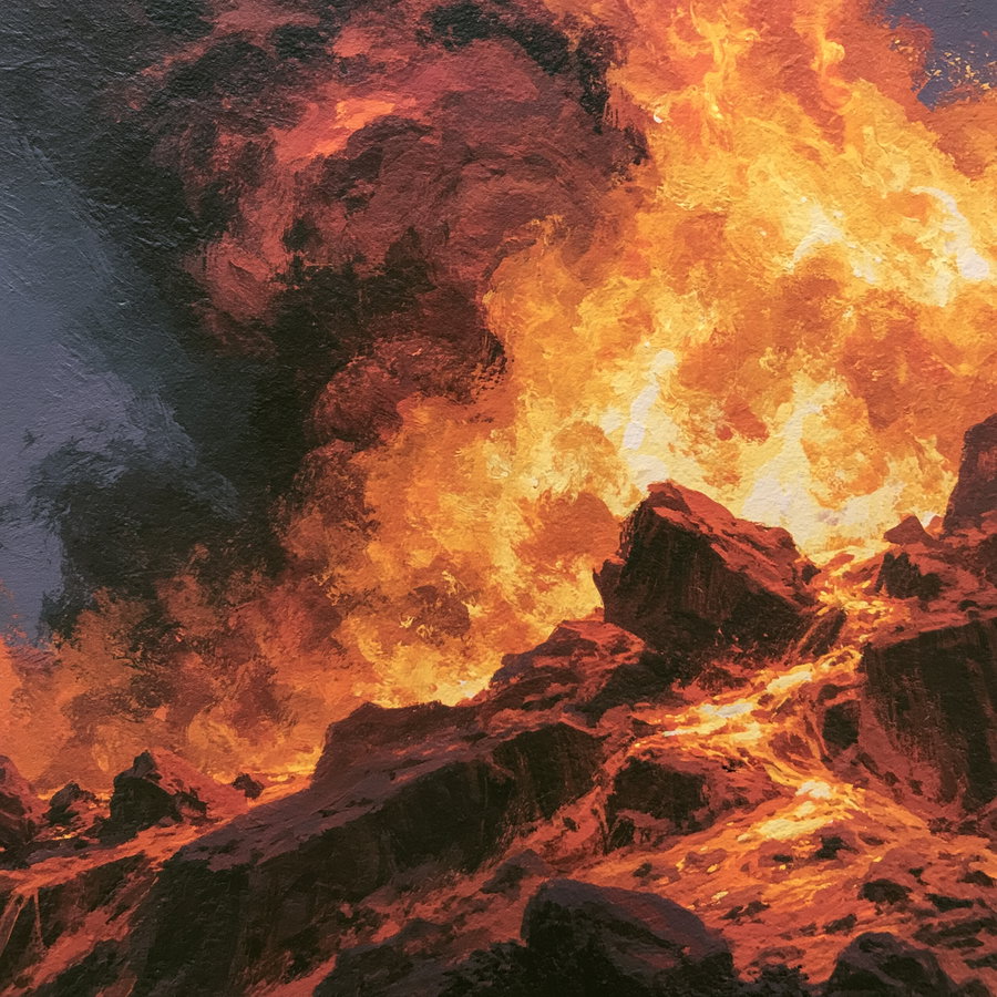 A painting depicting intense volcanic eruption with bright orange and yellow lava flowing over dark rocky terrain and thick smoke in the background
