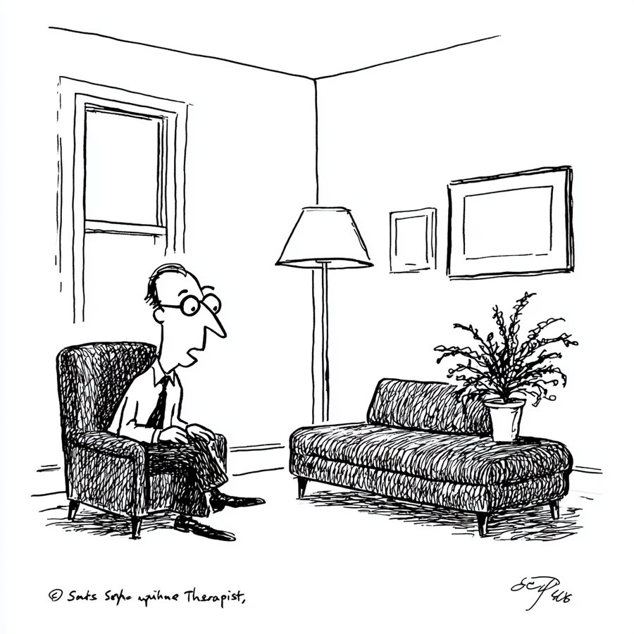 Ink drawing of a man sitting on an armchair in a therapist's office with a couch, plant, floor lamp, and framed pictures on the wall