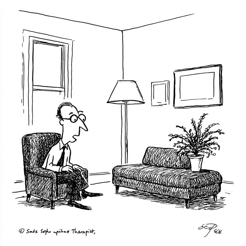 Black and white ink drawing of a man sitting in a therapist's office