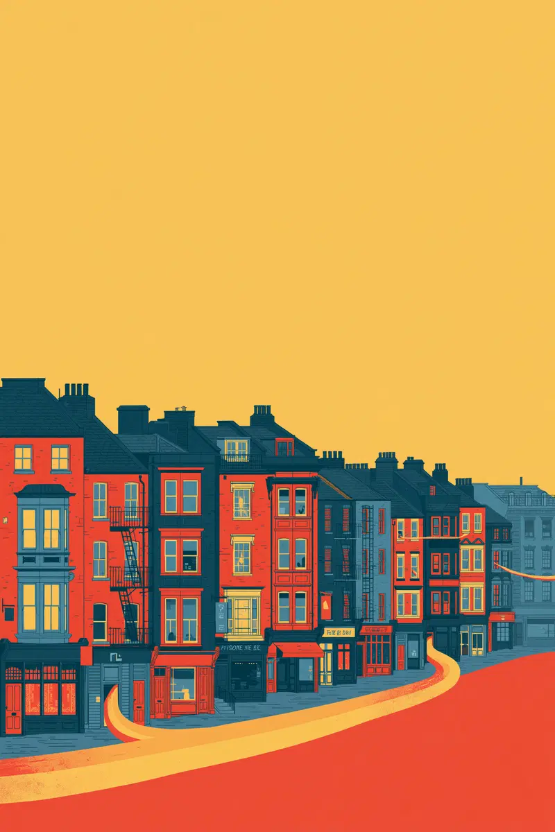 Colorful illustration of a row of urban buildings along a winding street