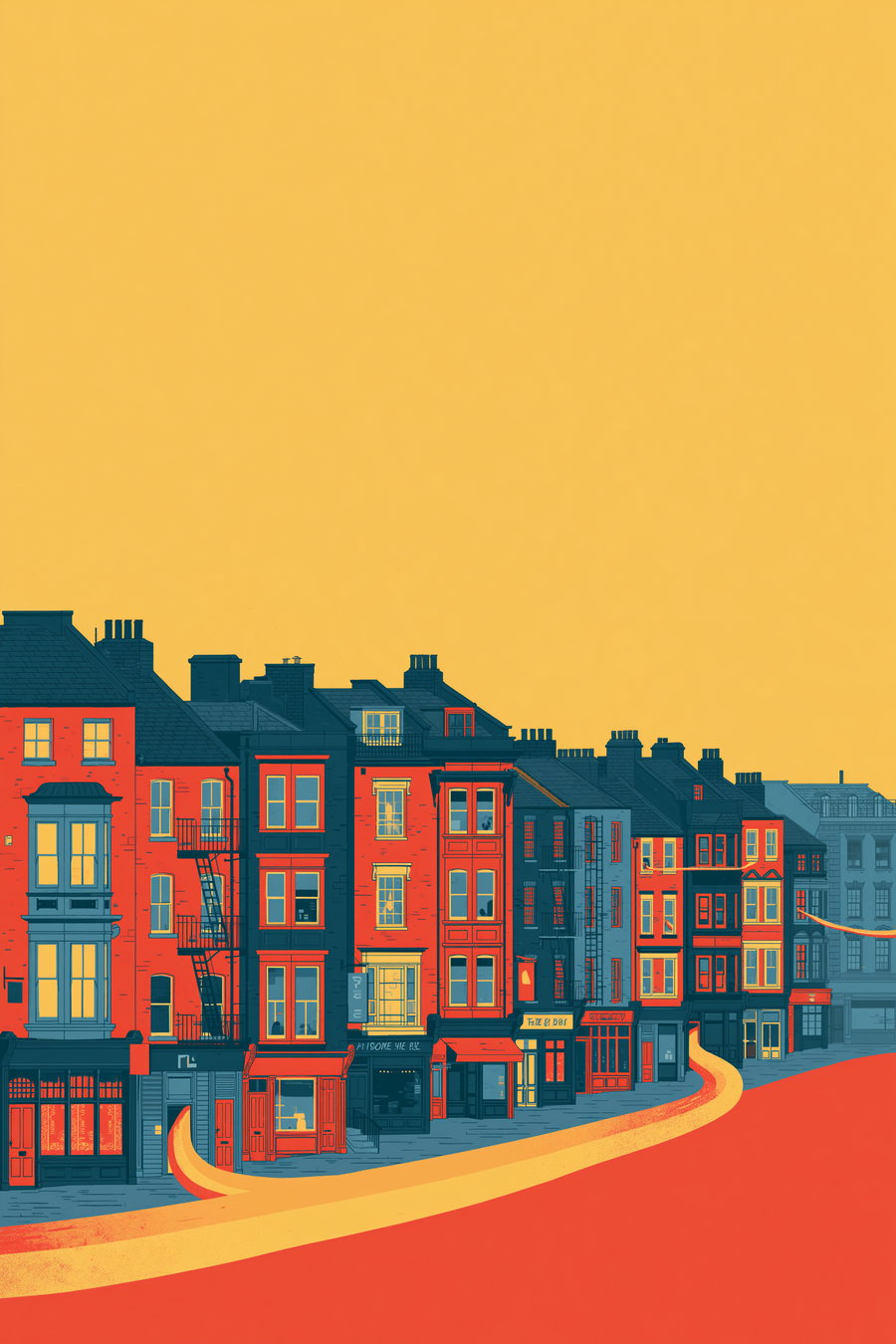 A digital illustration depicting a row of tall urban buildings with various windows and fire escapes, shaded in red, blue, and yellow hues, with a winding street in red and yellow in the foreground against a plain yellow sky.