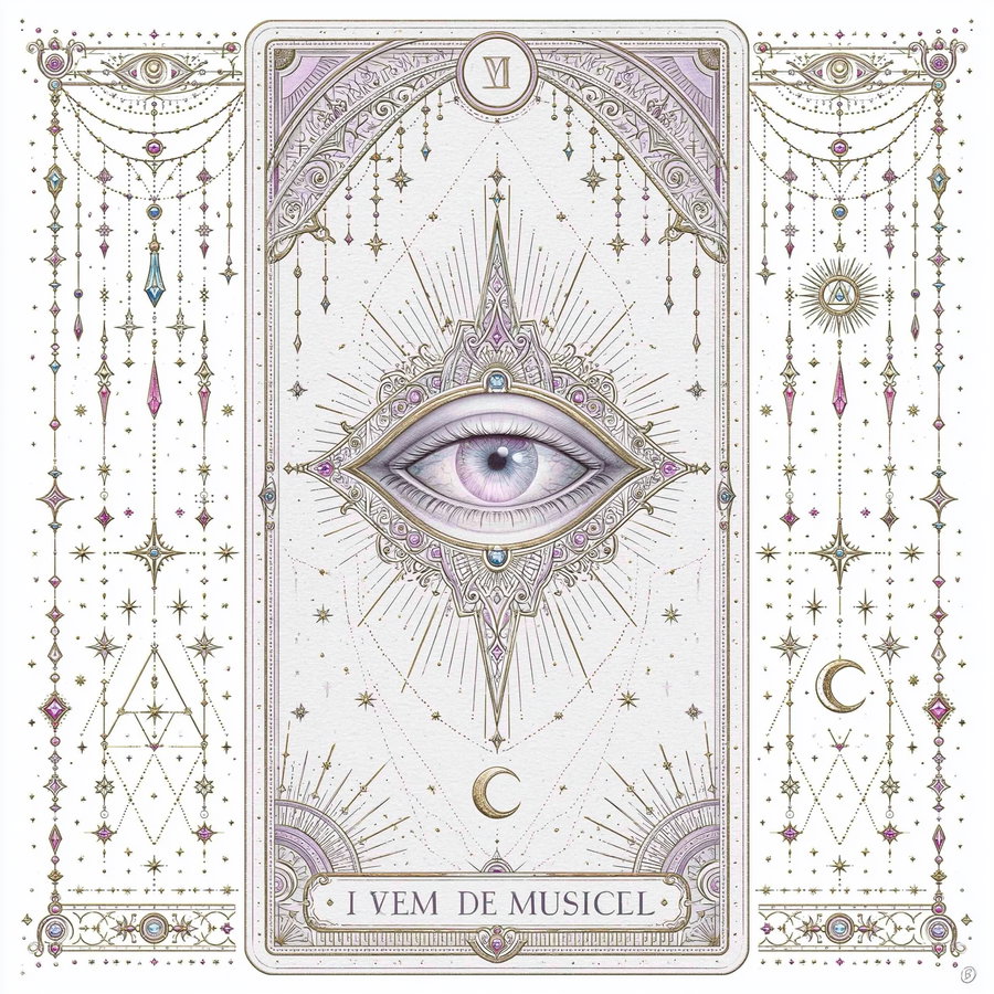 An ornate tarot card featuring a central violet eye enclosed in an embellished diamond frame, surrounded by stars, crescent moons, and delicate hanging jewels and chains in gold and pastel colors, with the text 'I VEM DE MUSICEL' at the bottom.