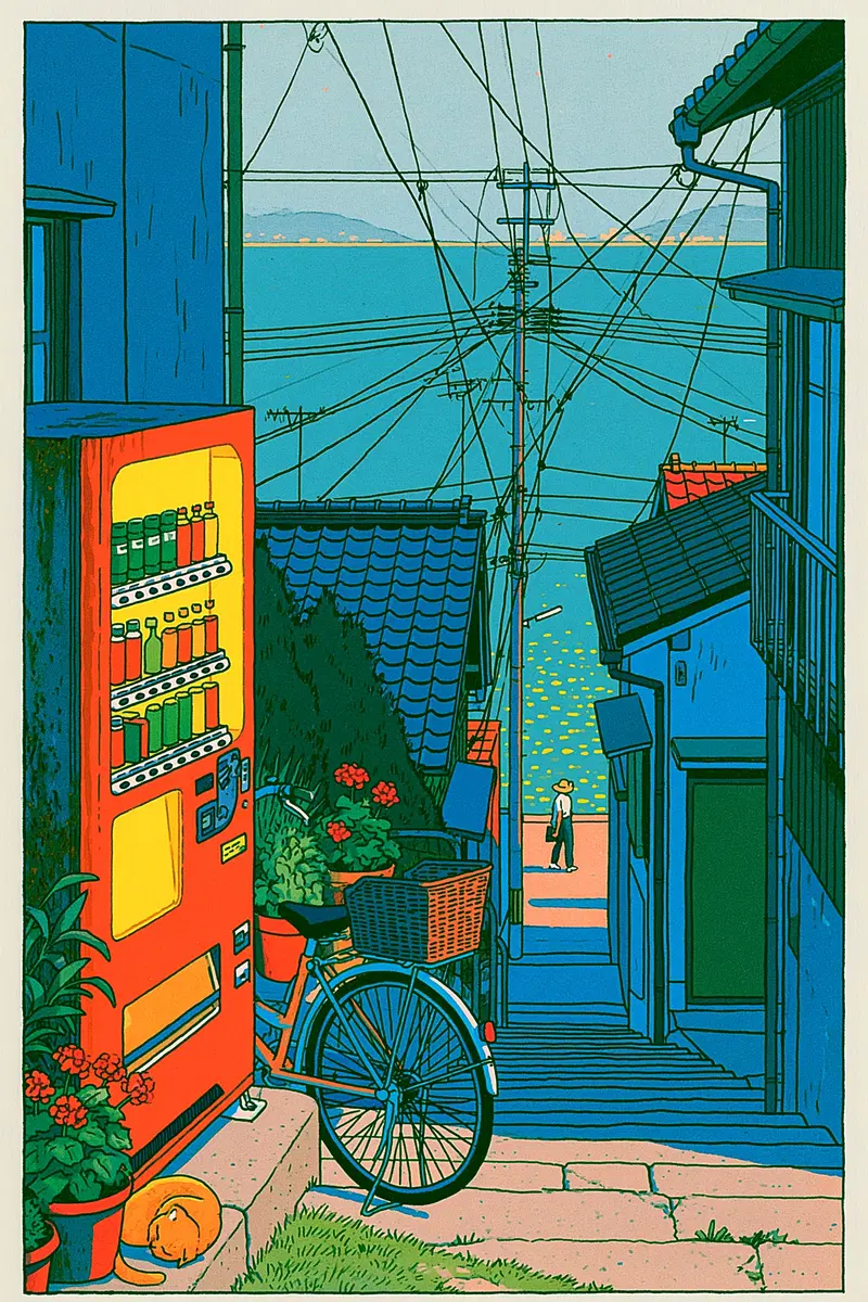 Illustration of a tranquil street scene with a red vending machine and bicycle by the sea