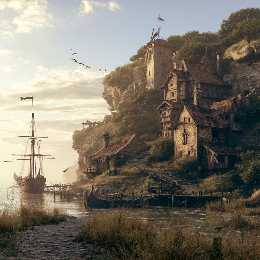A medieval-style village on a rocky coastline with stone houses, a narrow dock with boats, a tall ship moored in calm waters, and a sky with soft clouds and flying birds