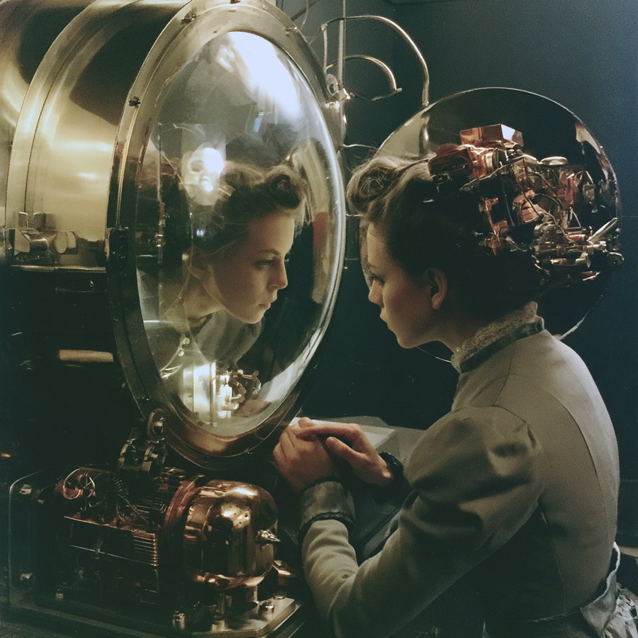 Woman wearing a vintage dress with mechanical gears and components on her head, looking into a large round steampunk machine that reflects her face