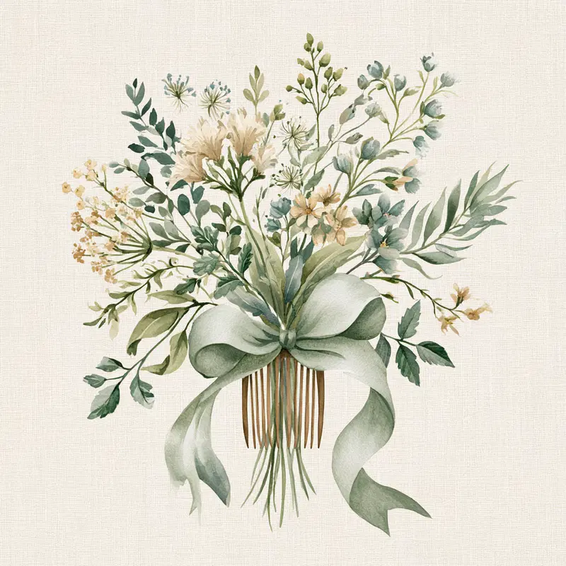 Delicate watercolor painting of bouquet with ribbon and flowers