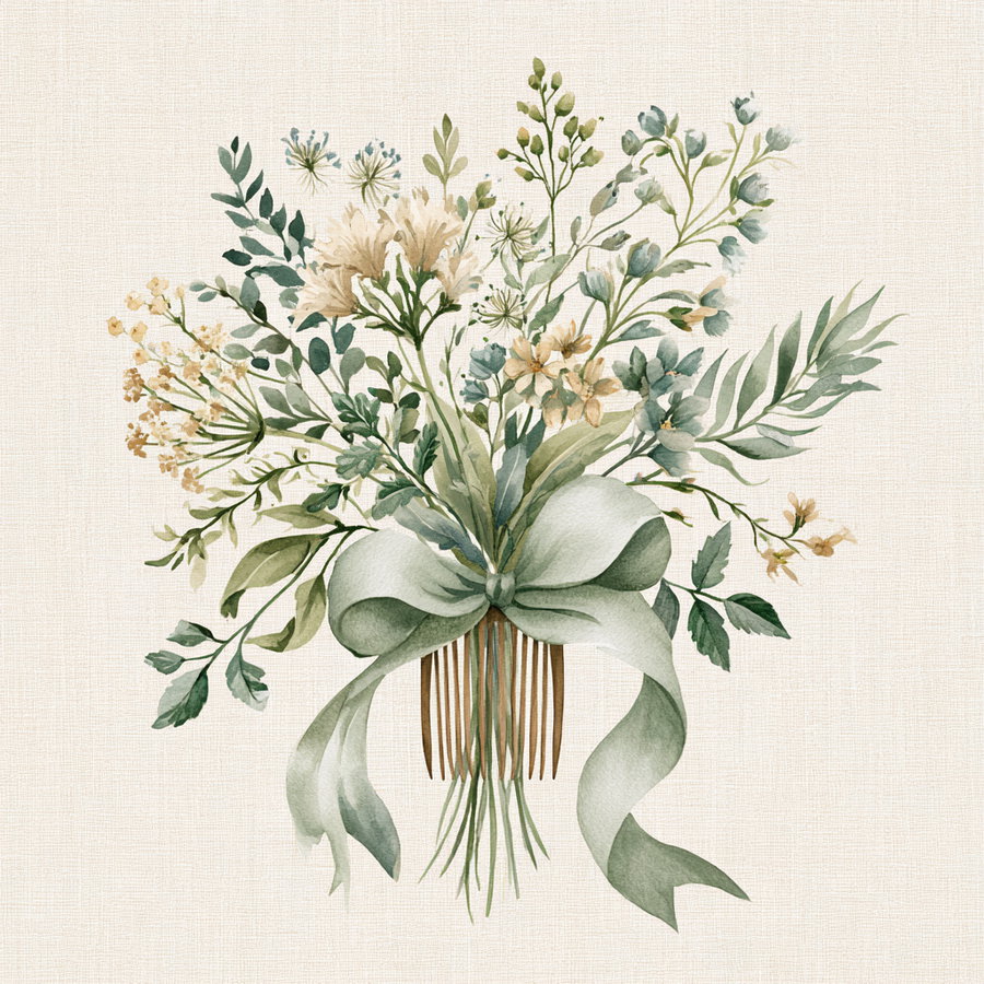 Watercolor illustration of a bouquet of various green leaves and flowers tied with a large green ribbon on a beige textured background