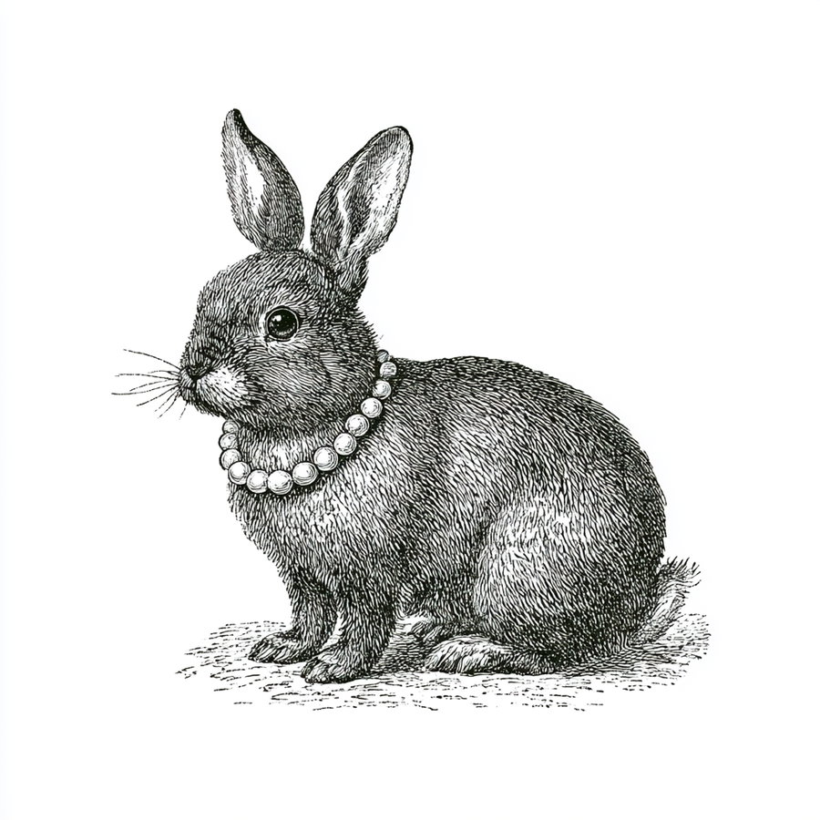 Black and white ink illustration of a realistic rabbit sitting, adorned with a pearl necklace, detailed fur texture and shading