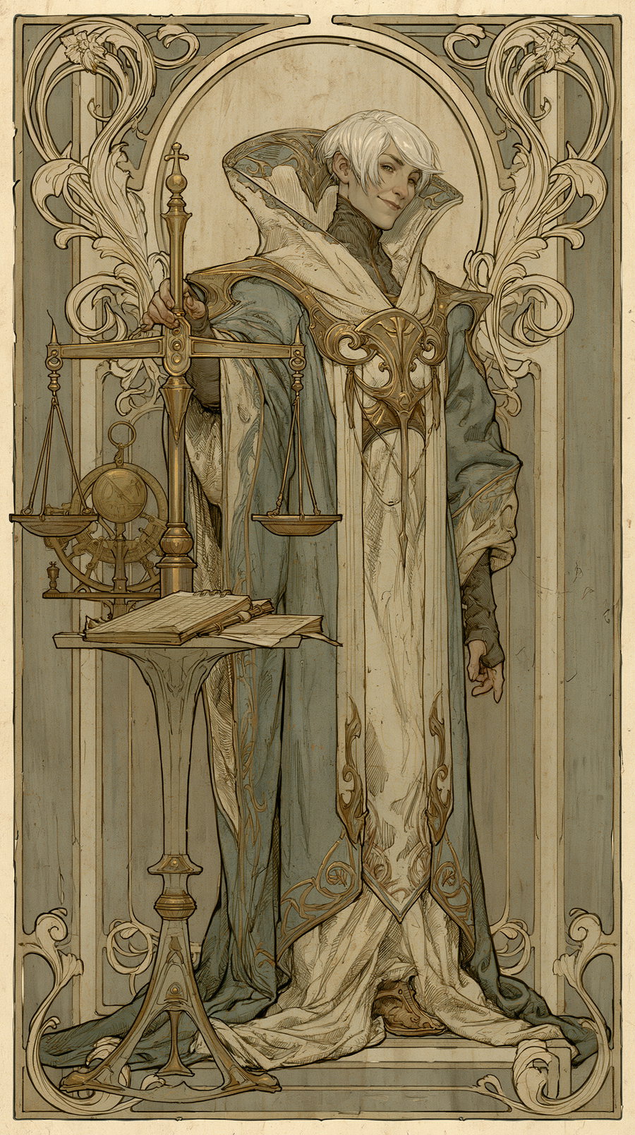 Illustration of a fantasy character with white hair wearing an elaborately decorated robe, standing beside a scale of justice and open books on a stand, framed with intricate ornamental designs