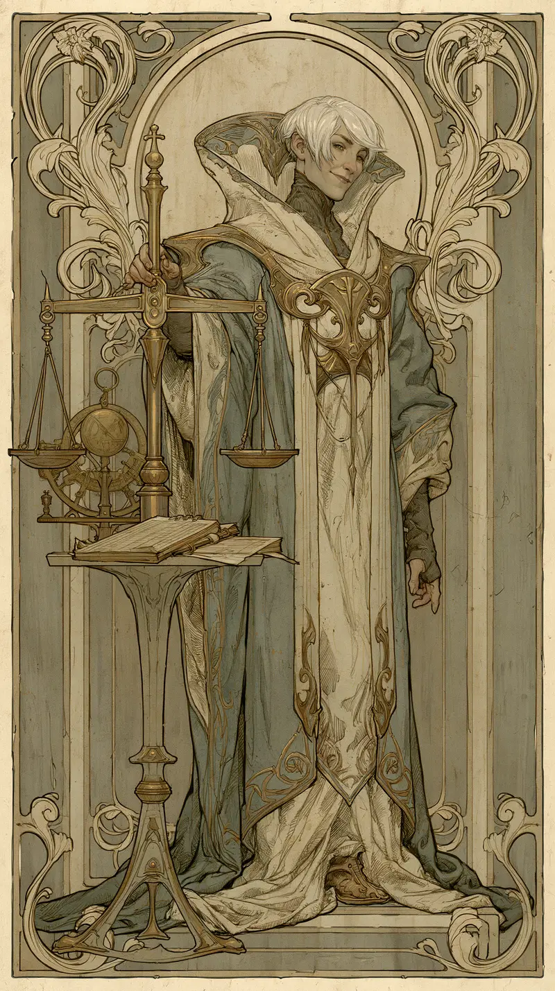 Elegant fantasy character in ornate robe standing with scales and books