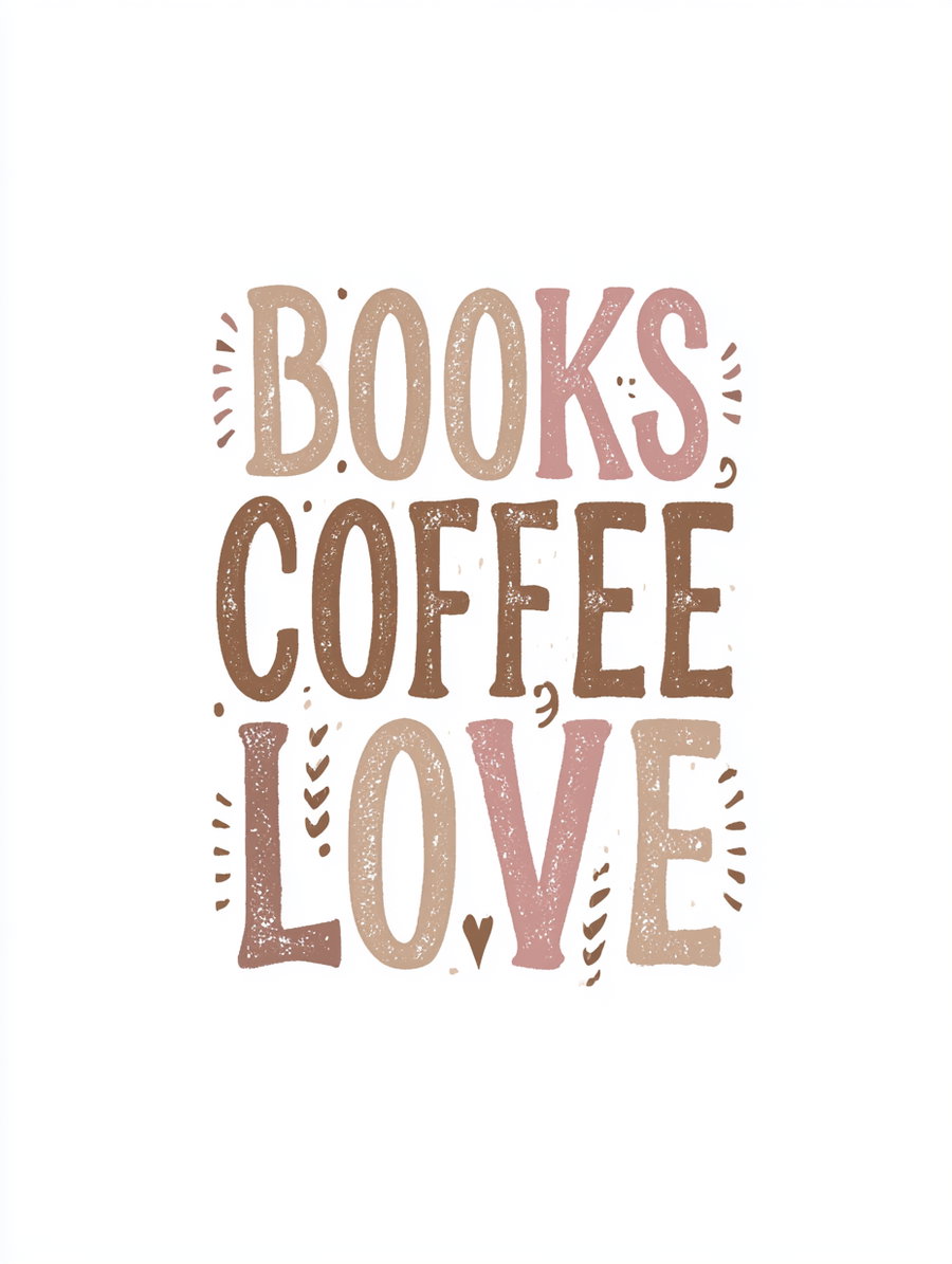 Text design with the words BOOKS COFFEE LOVE in a rustic, textured font with decorative marks around the letters