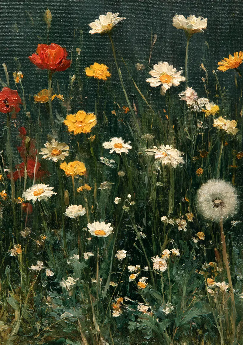 Oil painting of a vibrant meadow with daisies, poppies, and dandelions
