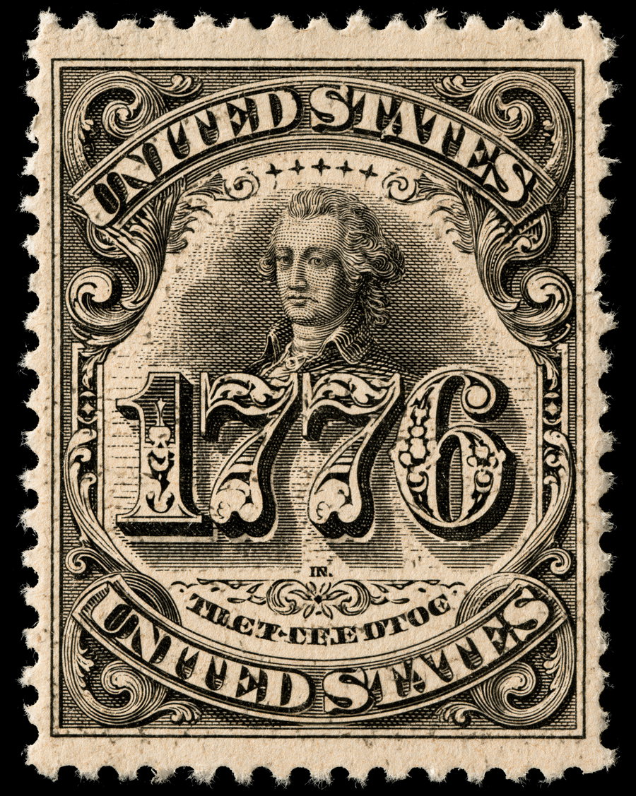 Close-up of a vintage United States postage stamp with intricate black engraving, showing a historical portrait behind large stylized numbers 1776, surrounded by decorative scrollwork and text.