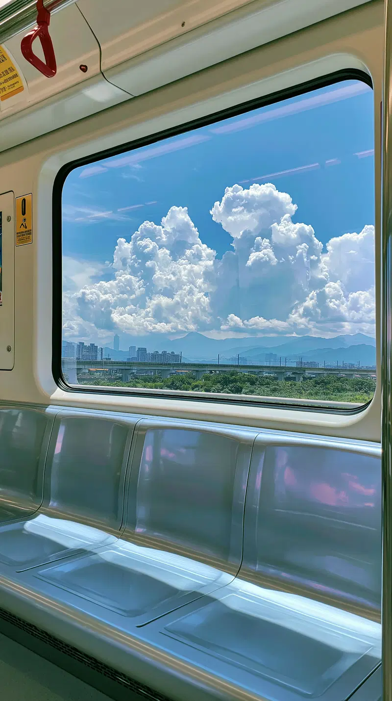 View of city skyline and mountains seen through train window on a sunny day