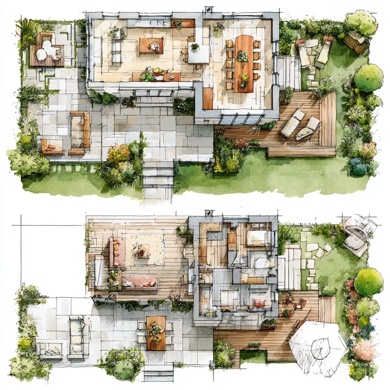 Detailed watercolor architectural floor plans of residential outdoor and indoor spaces with furniture and greenery