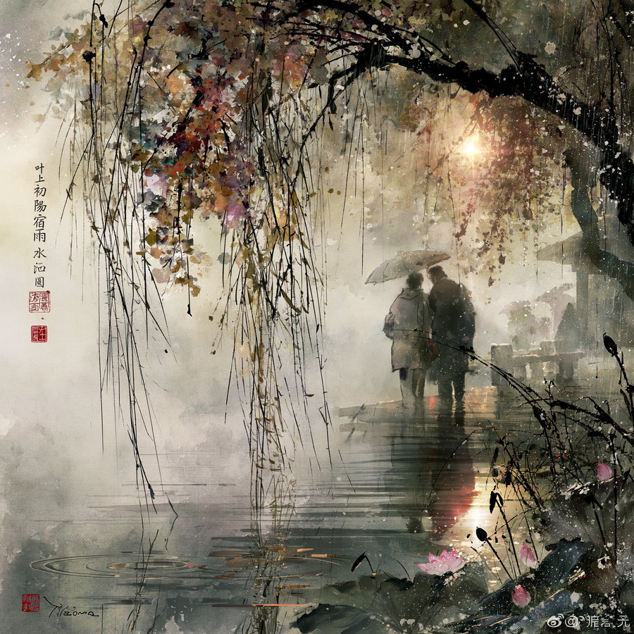Watercolor painting depicting two people walking together under an umbrella by a misty lakeside, with hanging tree branches above and pink flowers near the water edge