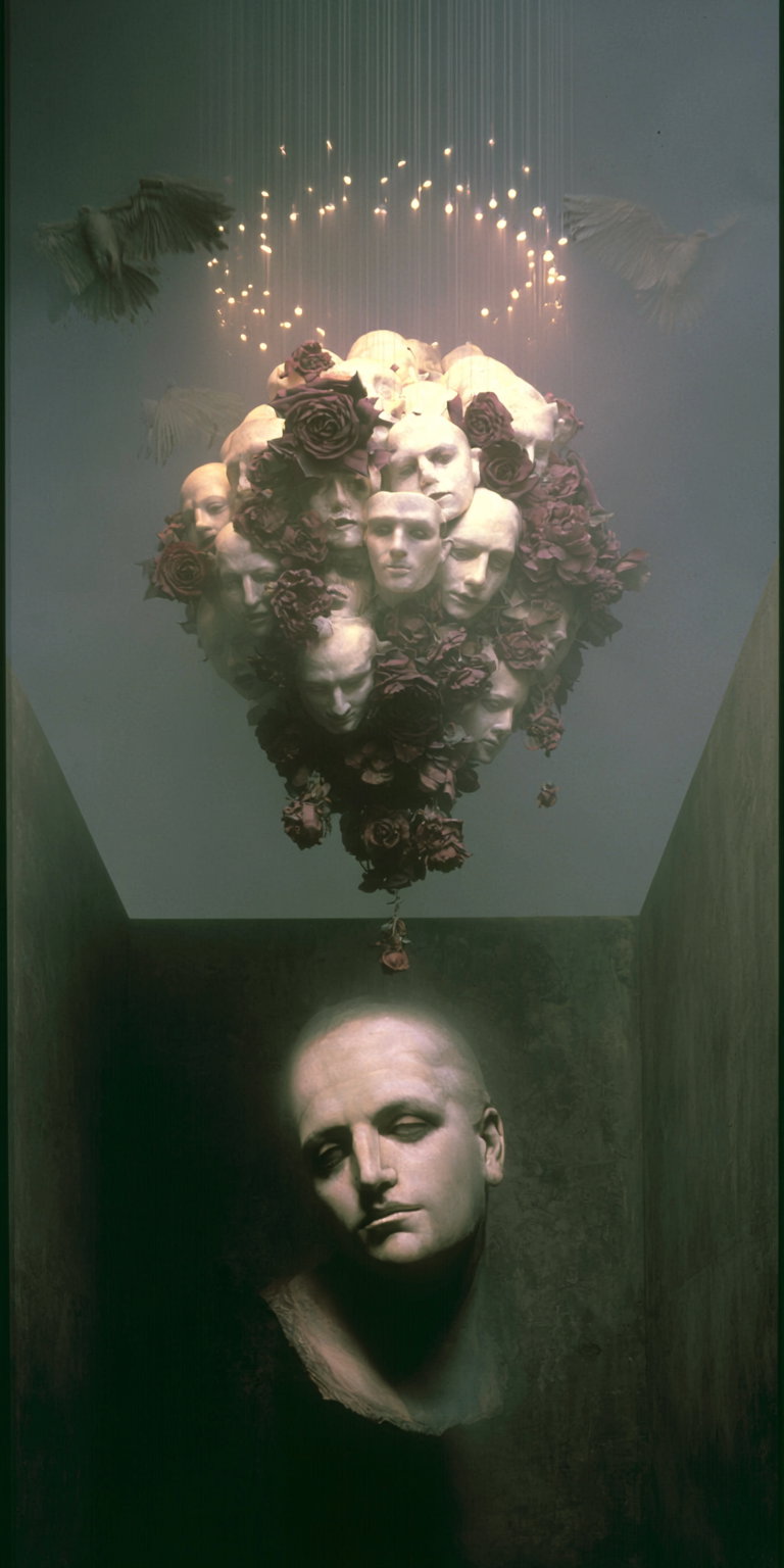 A surreal installation showing many white sculpted human faces and purple flowers clustered and hanging from above with small lights surrounding them, and a single sculpted human head below with a somber expression in a dimly lit enclosed space