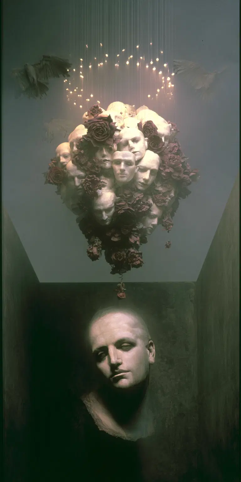 Surreal sculpture of multiple human faces and flowers suspended above a contemplative head