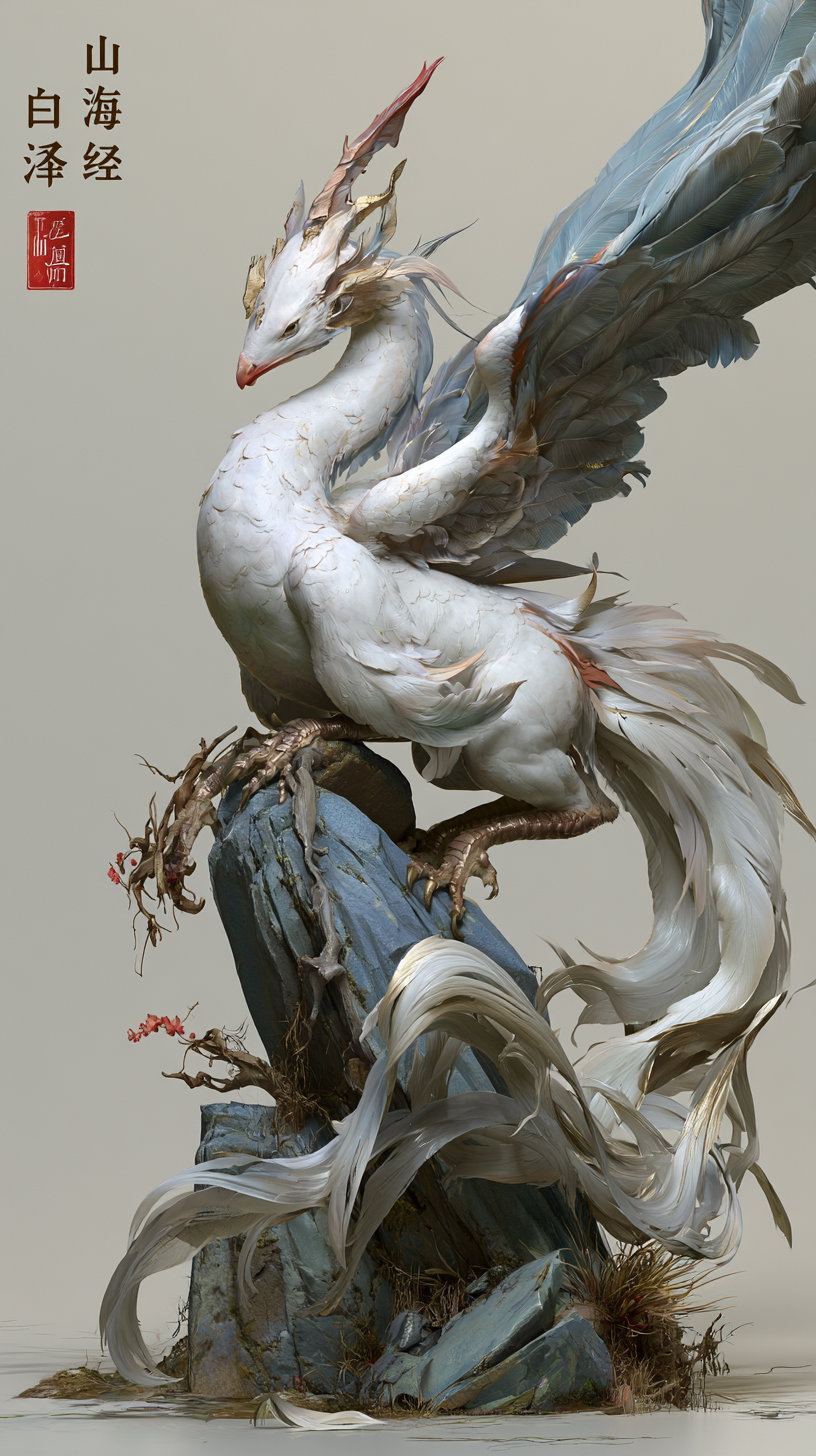 A highly detailed fantasy illustration of a large white bird-like dragon with blue and gold accents on its wings, perched on blue-gray rocks with vegetation. The dragon has an elegant flowing tail, golden claws, and intricate feather textures. There is Asian-style calligraphy and a red seal on the upper left side.