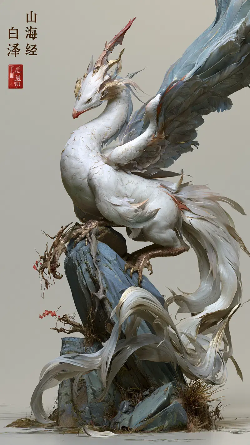 Detailed fantasy depiction of a majestic white bird-like dragon perched on rocks