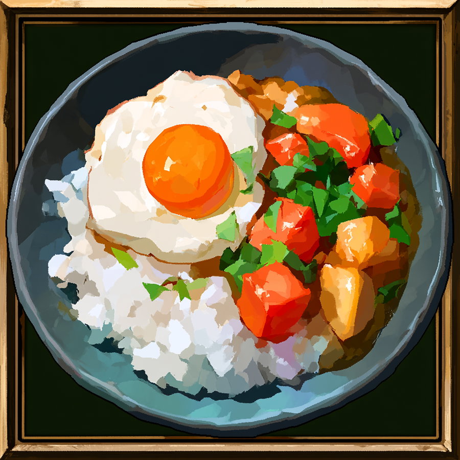 A digital artwork depicting a plate of food containing a fried egg with a bright yolk, white rice, chunks of carrot and possibly potatoes, garnished with green herbs on a teal plate with a wooden frame around the image