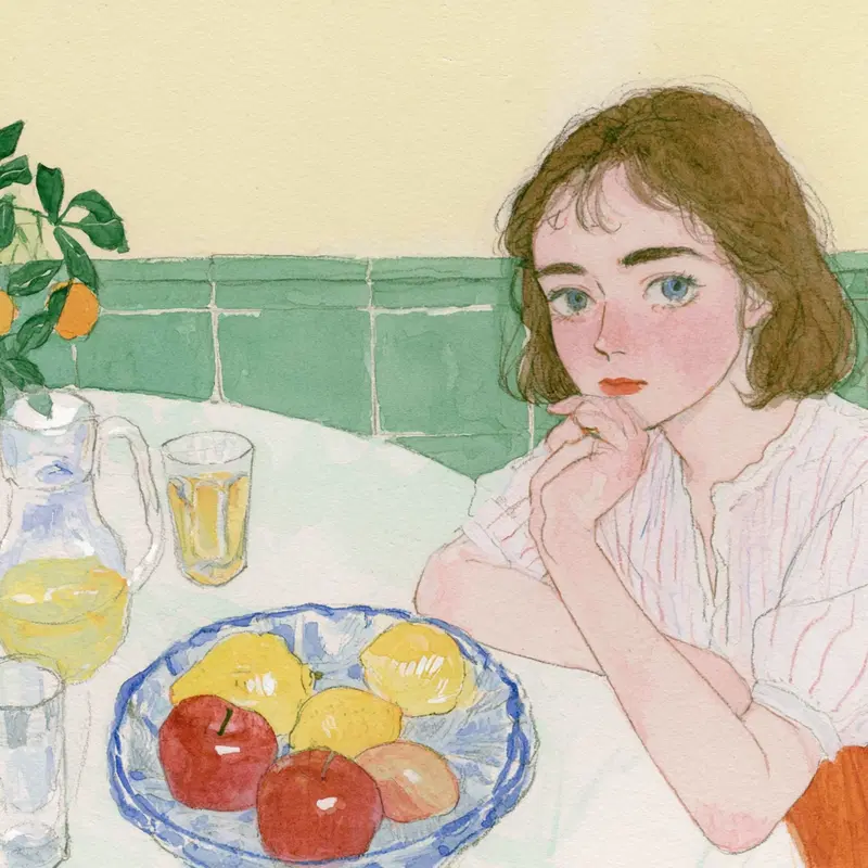 Watercolor painting of a young woman sitting at a table with fruit and juice