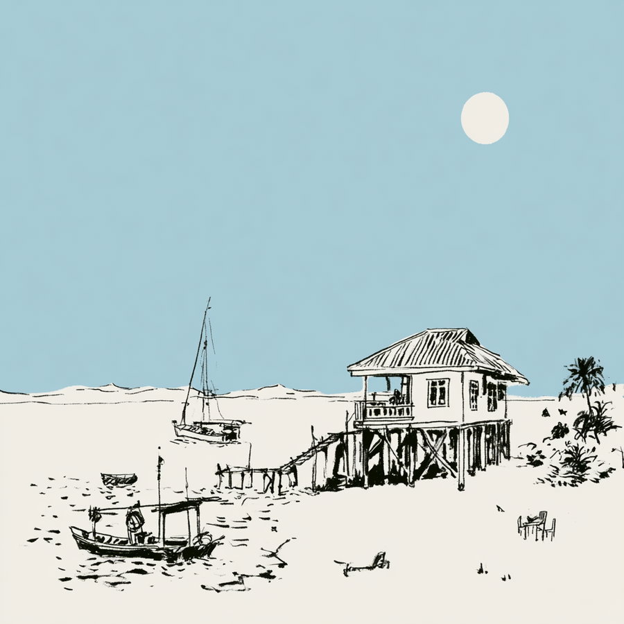 Black ink sketch of a house on stilts by the water, two boats in water, palm trees on shore, under a large sun in a clear blue sky
