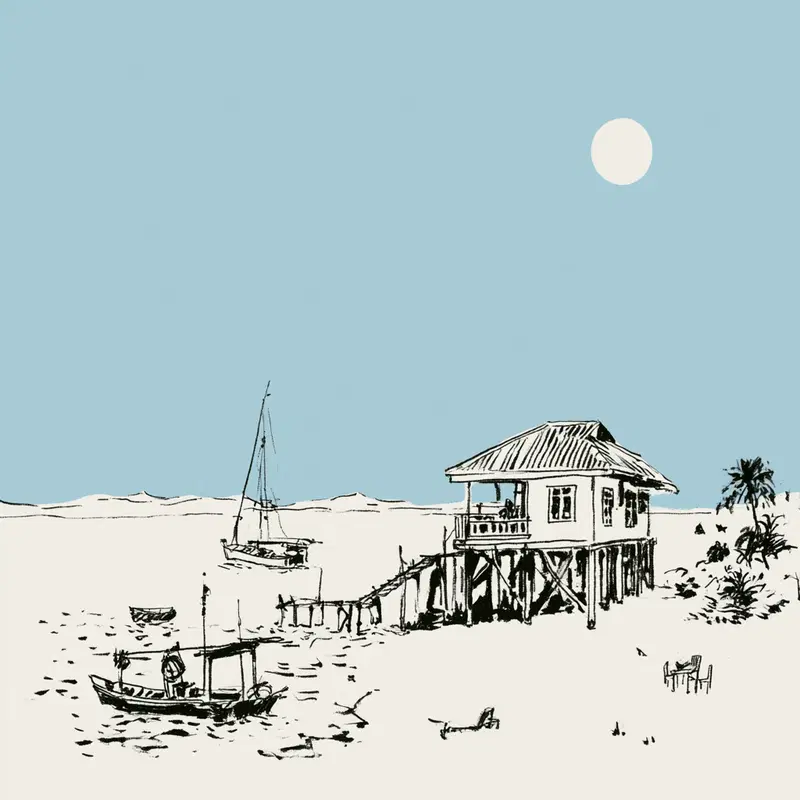 Ink drawing of a coastal house on stilts with boats and clear sky