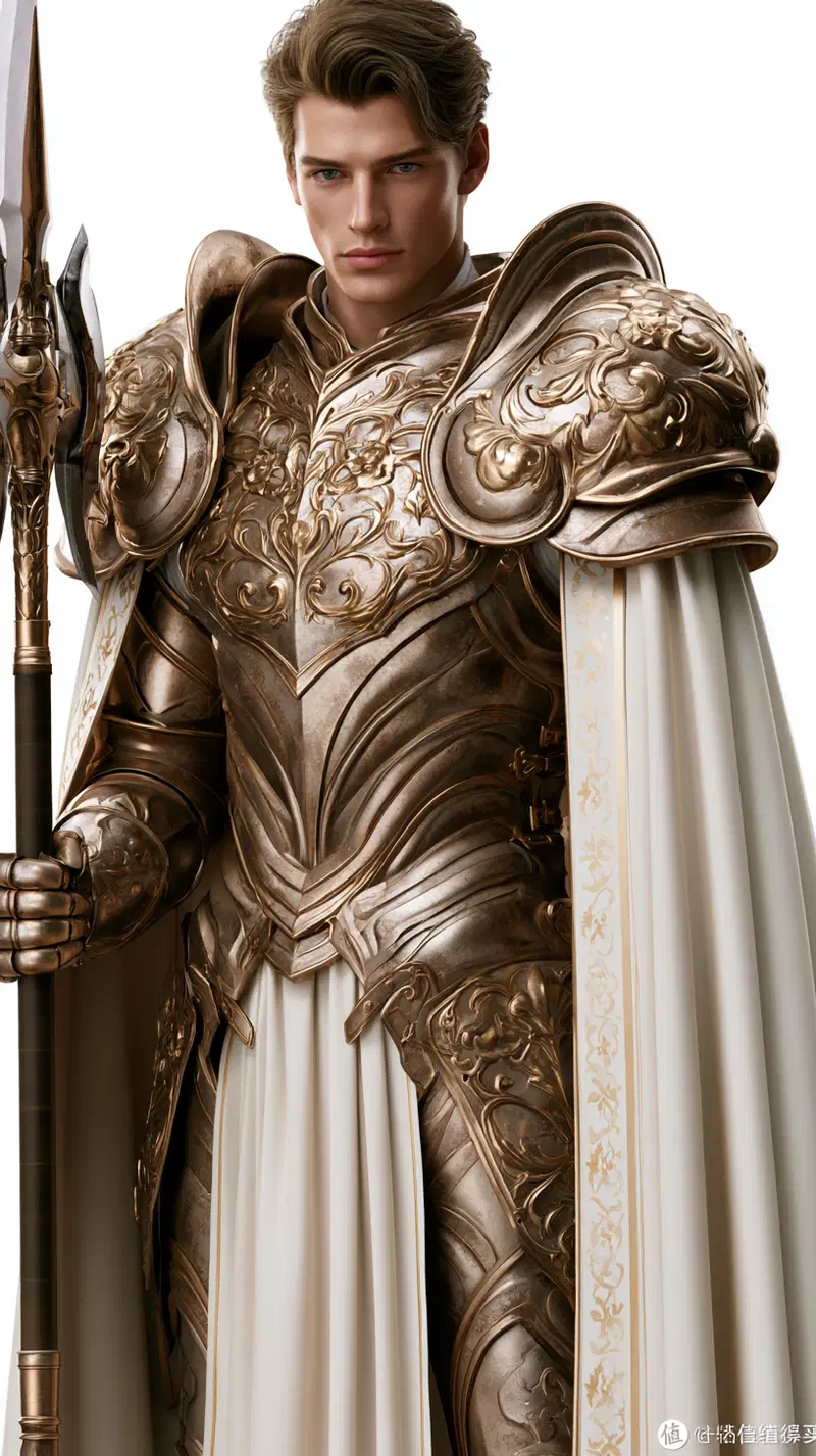 Detailed fantasy artwork of a noble young warrior in ornate golden armor