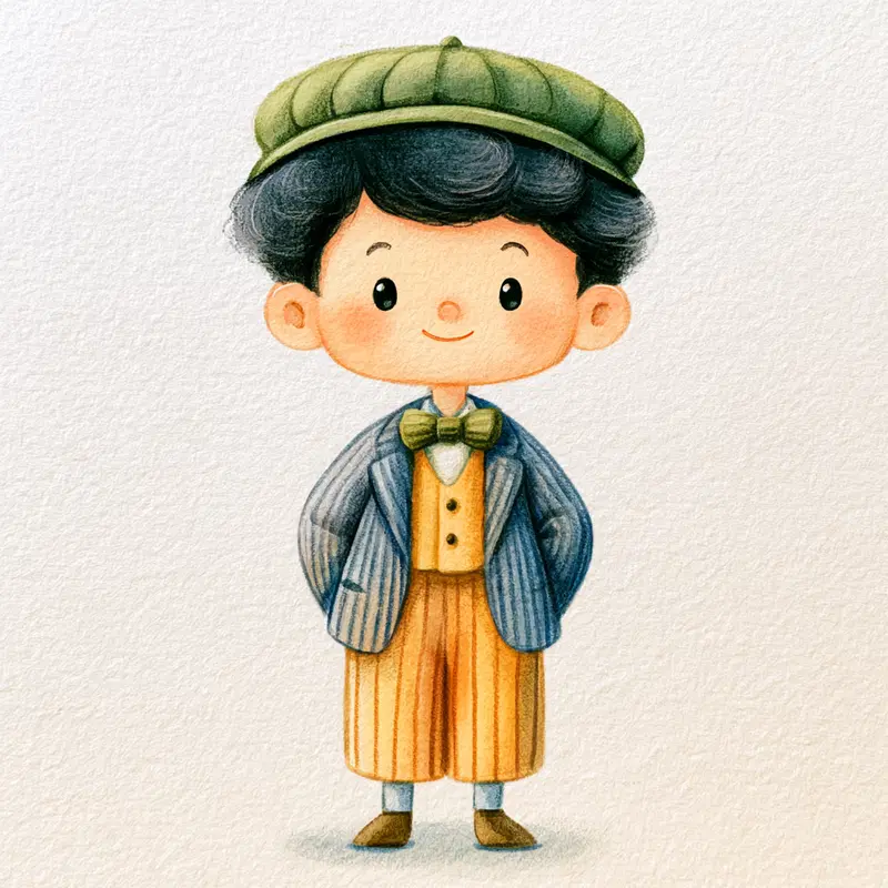 Cute character design of a boy in vintage outfit with cap