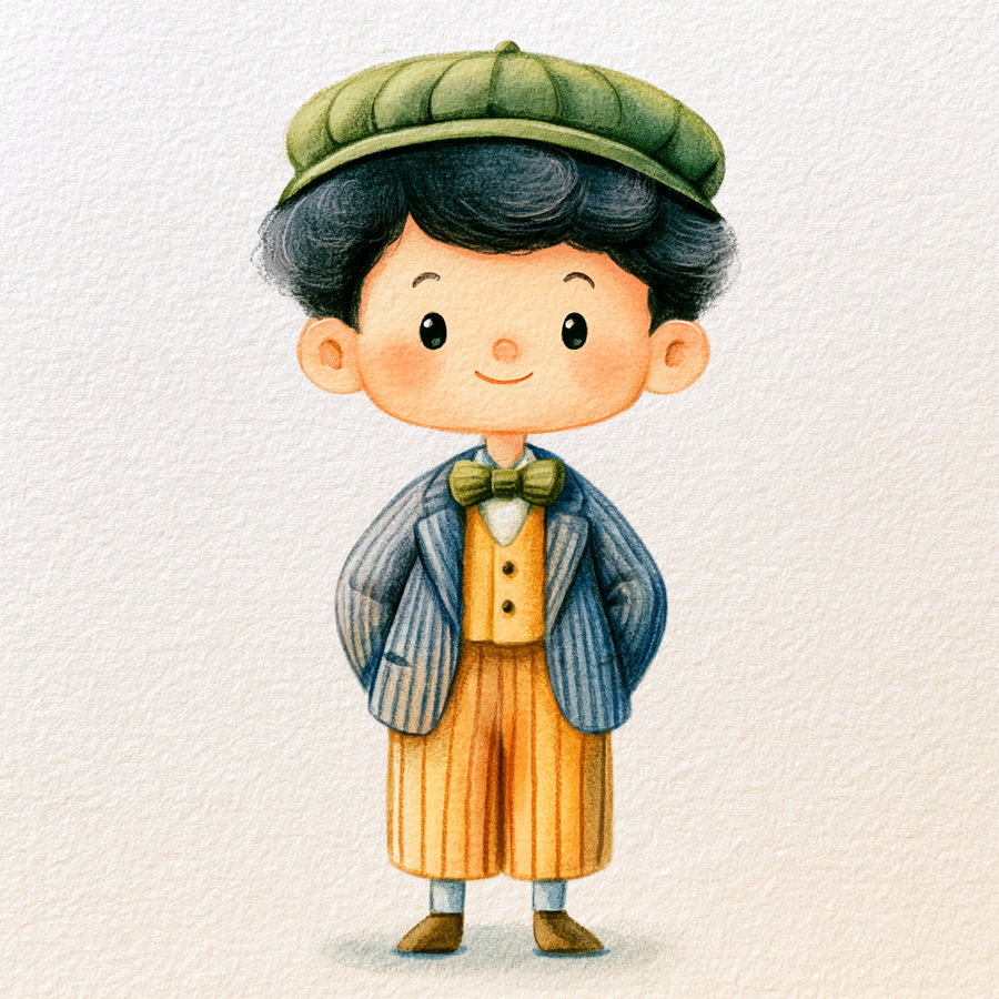 Digital illustration of a smiling boy with black curly hair wearing a green cap, striped blue jacket, bowtie, yellow vest, and striped orange pants, standing with hands behind his back.