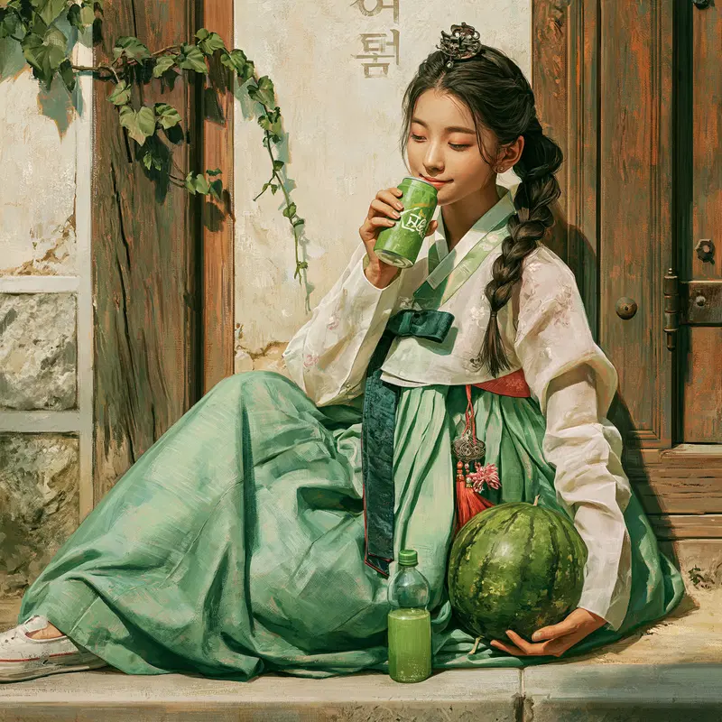 Portrait of a woman in traditional Korean hanbok drinking from a green can sitting by a wooden door