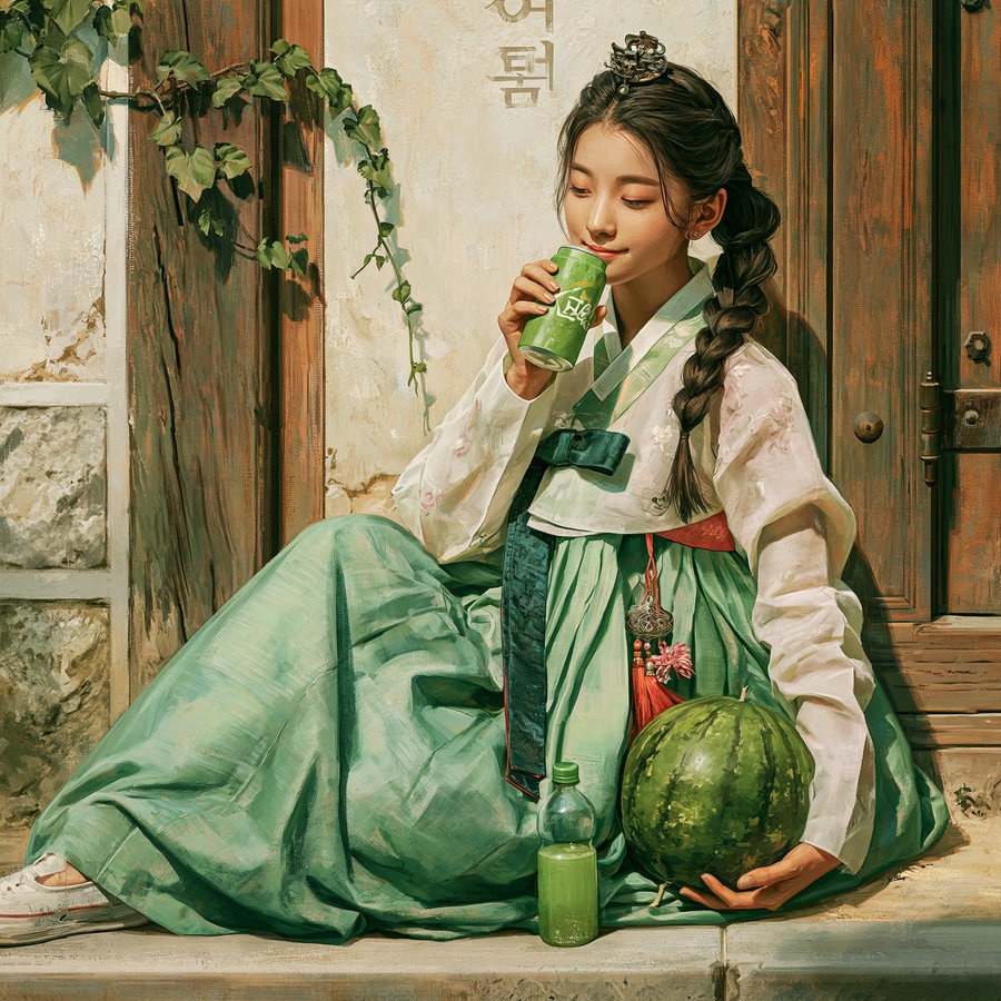 A detailed portrait of a young woman wearing a traditional Korean hanbok with a green skirt and white top, holding a watermelon and drinking from a green can, sitting against a wooden door with ivy branches on the wall beside her.