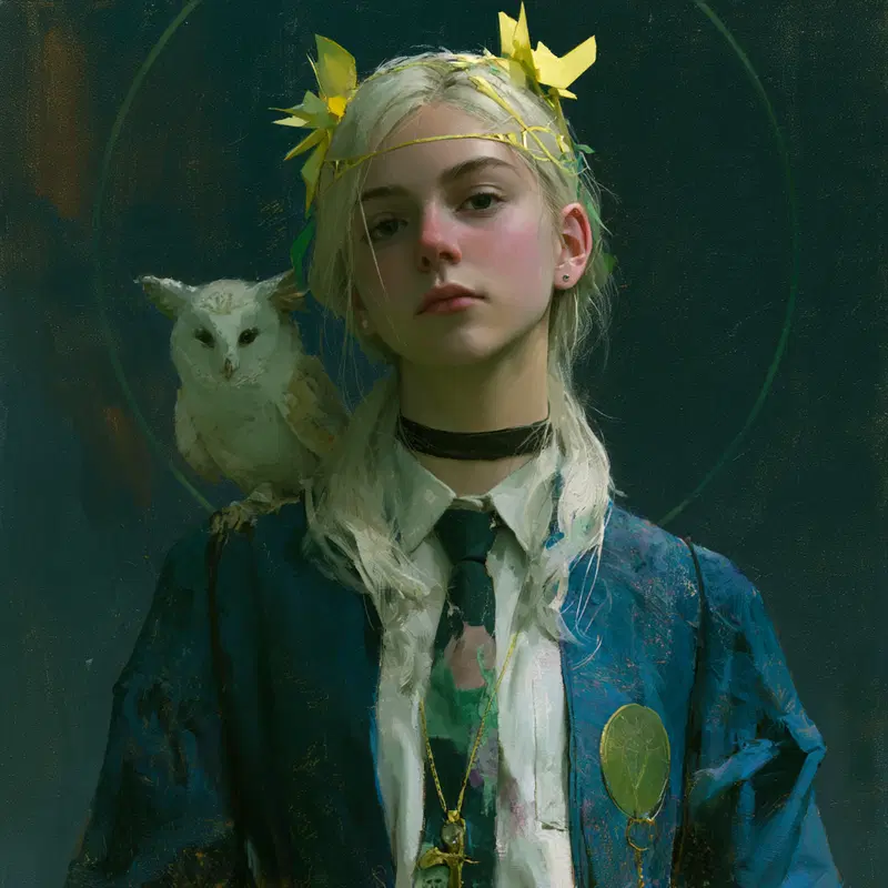Detailed digital portrait of a young woman with an owl and a golden crown