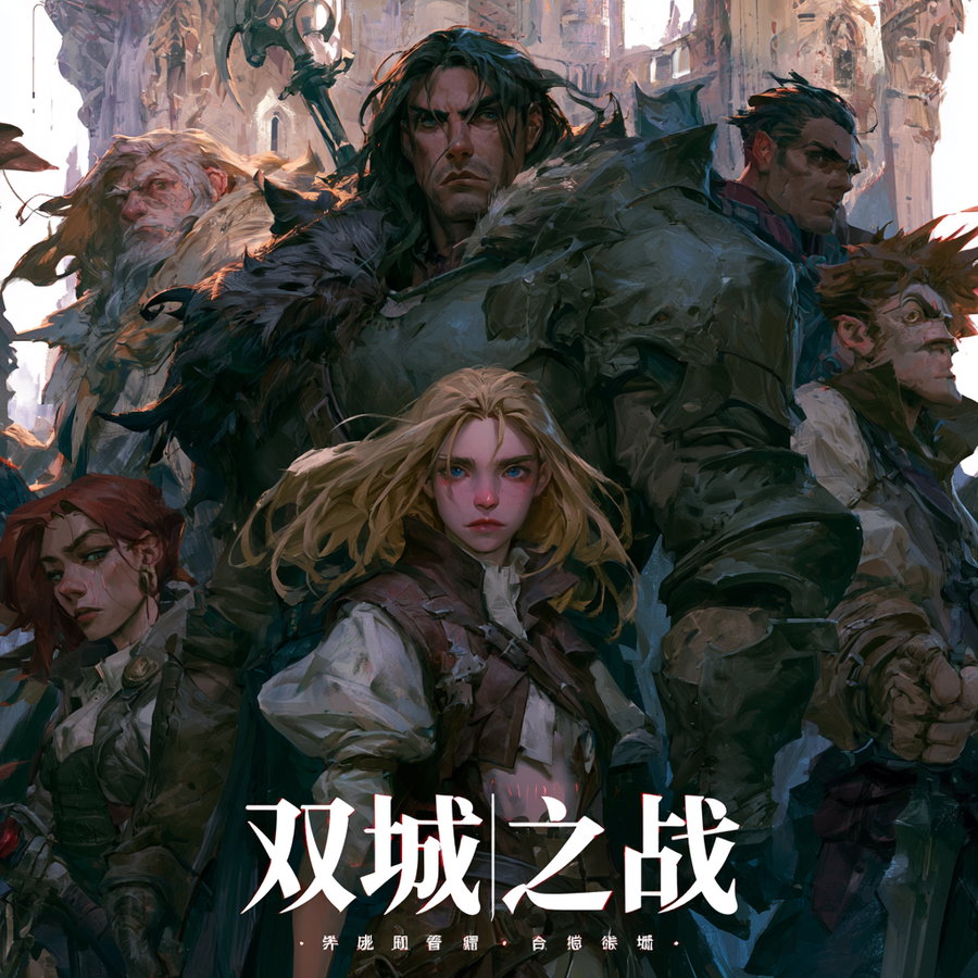 Illustration of six fantasy characters including armored warriors and adventurers standing together in front of a castle with determined expressions