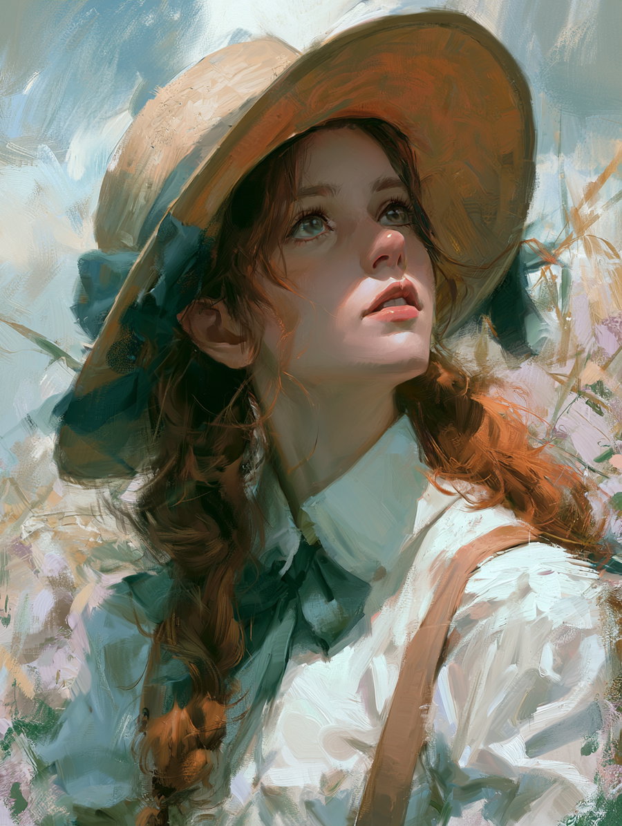 A digital painting of a young woman with red hair wearing a wide-brimmed straw hat and a white blouse with a green ribbon around her neck, looking upwards with soft expression, painted in an impressionistic brushstroke style with a light blue and white sky background.