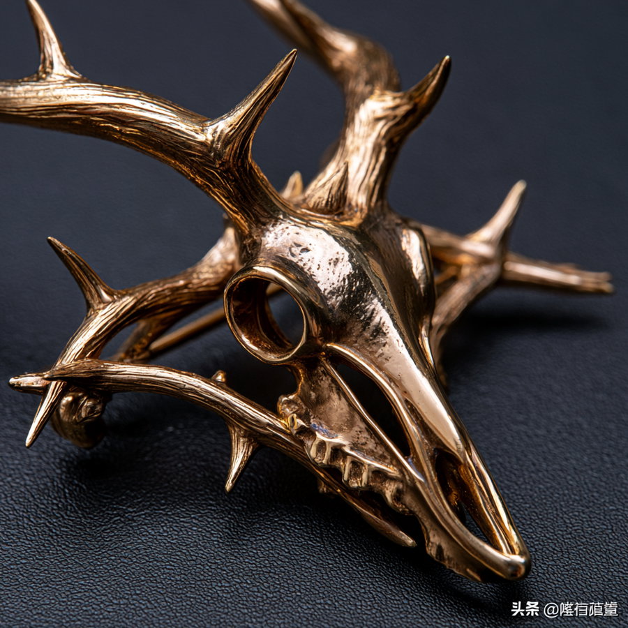 Close-up of a shiny bronze sculpture depicting a skull with multiple antlers against a dark textured background