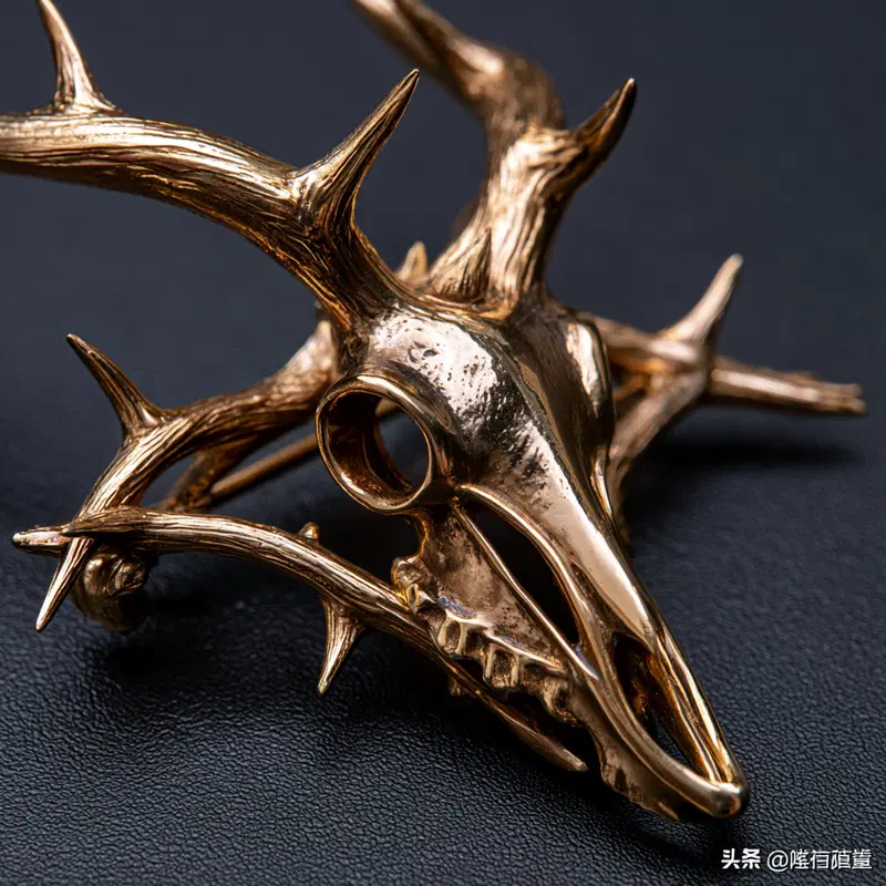 Detailed bronze sculpture of a skull with antlers on a black surface
